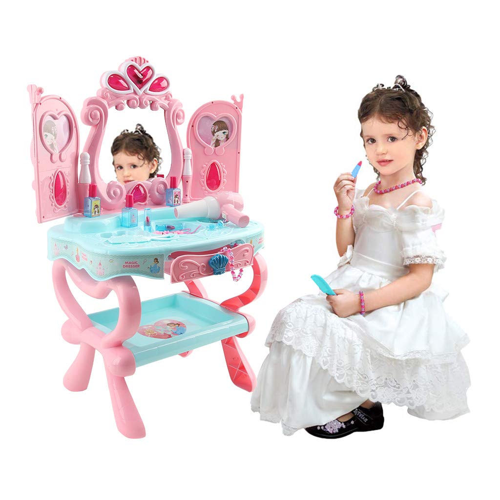 Fashion 30 Piece Pretend Girls Kids Dressing Table Make Up For Kid And Pretend Play Toy For 2 3 4 Yrs Kids Fantasy Vanity Desk Beauty Dresser Table Play Set With Lights Chair Sounds