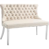 Beige Velvet Dining Bench with Back, Tufted Banquette Seating, Silver Legs | Upholstered loveseat bench; tufted back; nailhead trim; 500 lb capacity; foam and spring seat; dining room or entryway