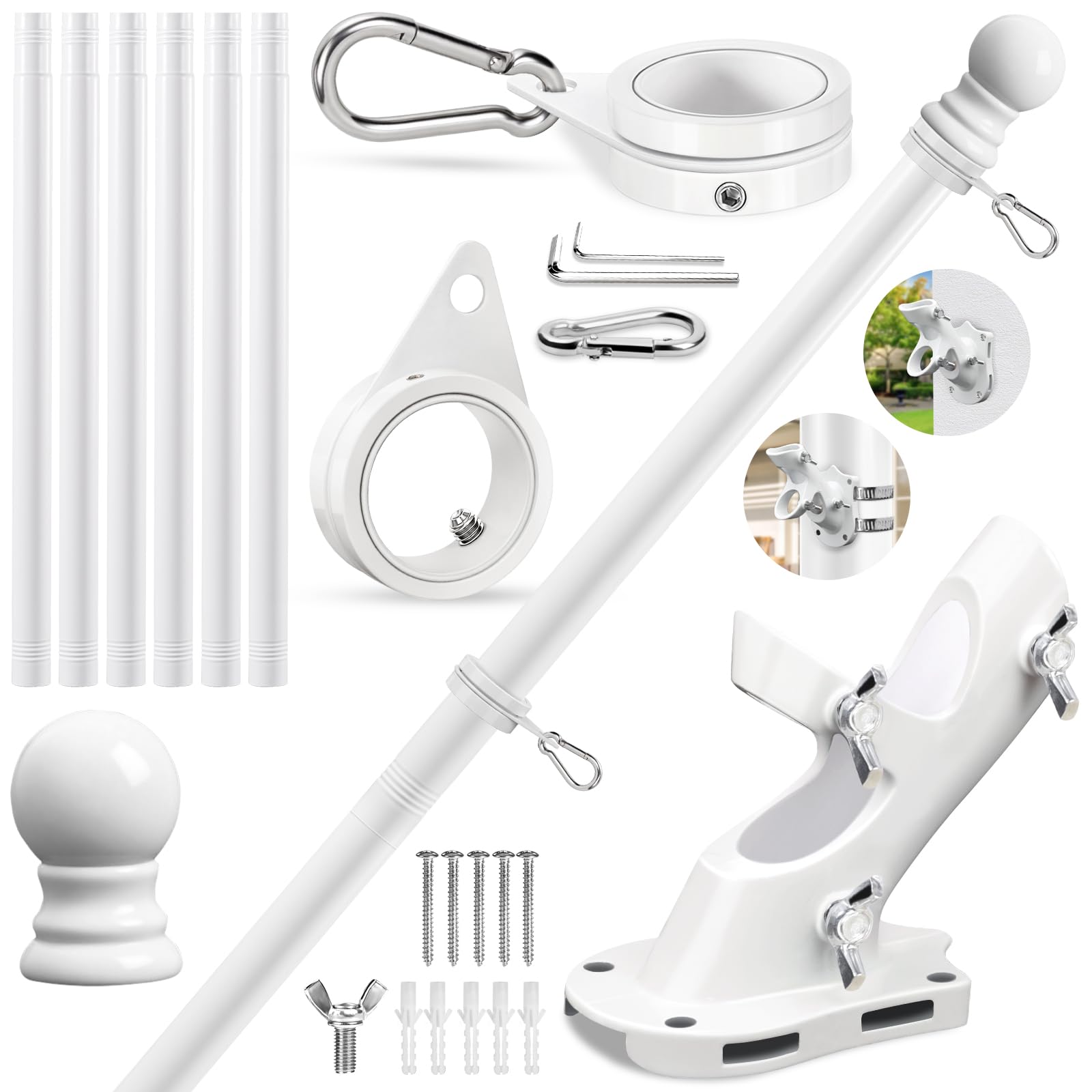 Photo 1 of REERON Flag Pole for Outside House Porch Wall Mount, 7 FT 1" No Tangle Stainless Steel Spinning Flagpole Kit with 360° Metal Flag Pole Rings Clips & 2-Position Holder for 3x5' 4x6' American Flags