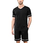 COLORFULLEAF Men's 100% Cotton Pajama Set Short Sleeve Button Down Sleepwear Soft V-neck Lounge Pjs with Pockets