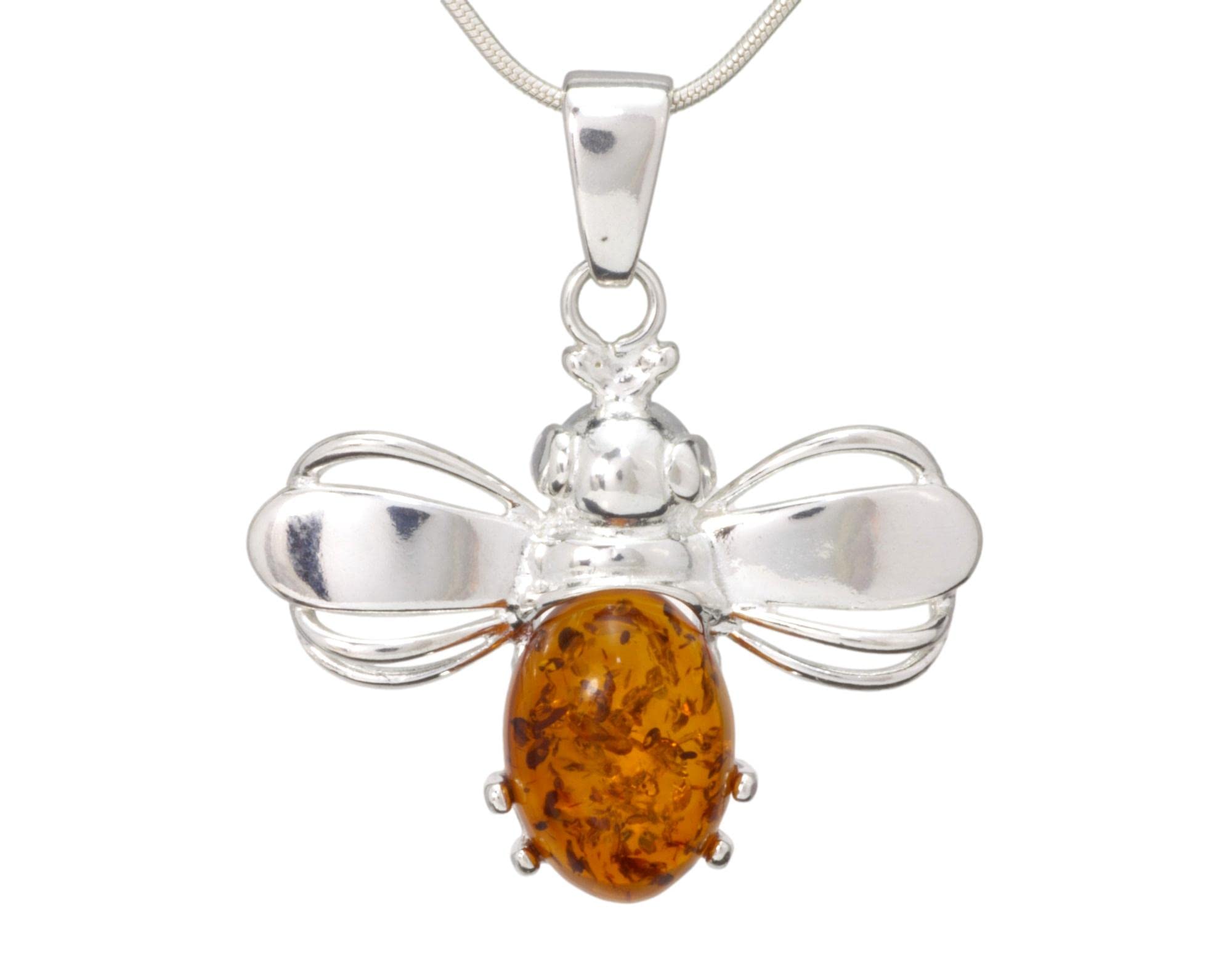 LIGURIUS NATURAL BALTIC AMBER STERLING SILVER 925 NECKLACE Cognac Bee PENDANT Gemstone For Women & Silver Adjustable CHAIN Snake 45cm - 50 cm, Gift set