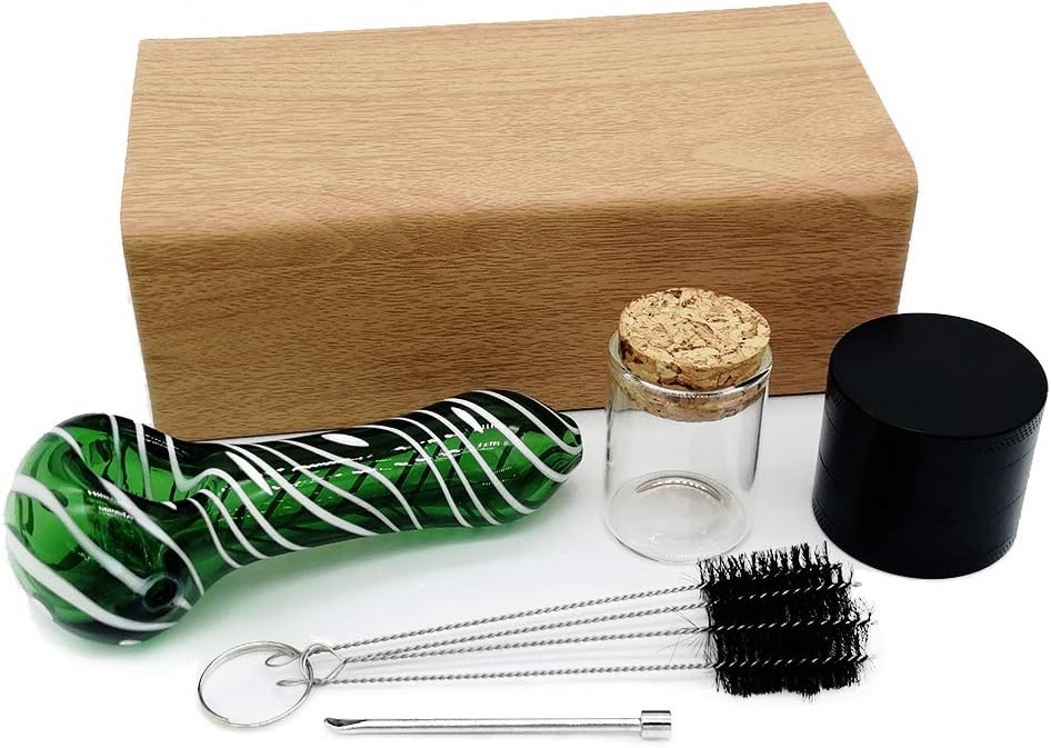 Glass Pipe Portable Kit-with Exquisite Wood Grain Box,Grinder,Glass Storage Bottle and Cleaning Tools (Green)