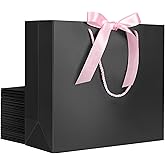 EUSOAR Black Bags for Gifts, 20pcs 12.5"x4.5"x11" Paper Bags with Bow Ribbon Handle, Shopping Wedding Party Favor Paper Bags Thank You Gift Treat Bags Bulk for Wedding Baby Shower Party