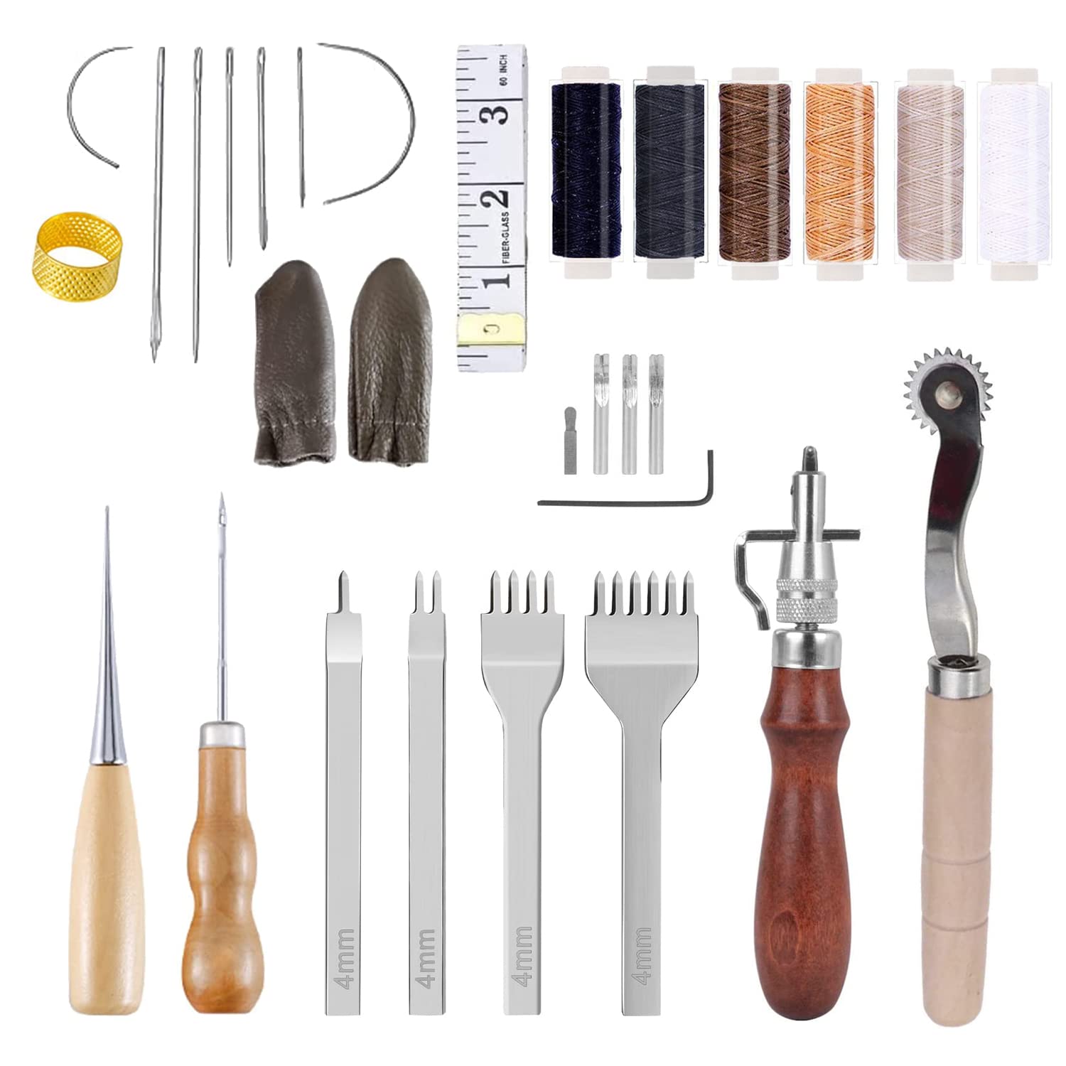 Leather Working Tools Kit - Groover, Prong Punch, Waxed Thread, Sewing Needles - DIY Leather Craft Tools for Hand Stitching and Making
