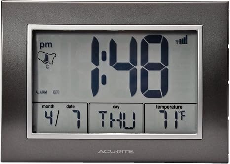 Amazon Com Acurite Atomic Alarm Clock With Date Day Of Week And Temperature 0 5 Grey Home Kitchen