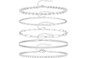 KESAPLAN Anklet Bracelets for Women Waterproof Set 14K Gold Plated Anklet Bead Zircon Mirror Paperclip Snake Chain Anklets Adjustable Size 5 pcs Summer Beach Layered Anklets Foot Jewelry Personalized Gifts