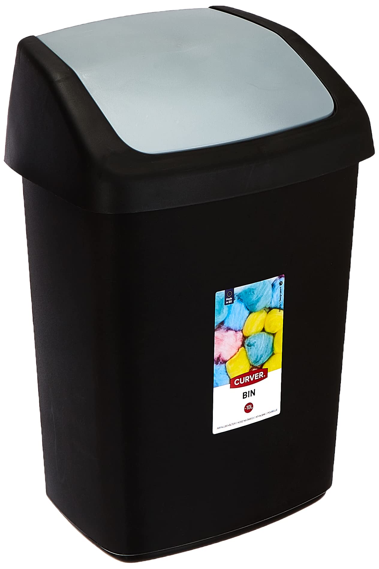 Curver Waste Bin with Swinging Lid, Black/Grey, 10 Litre