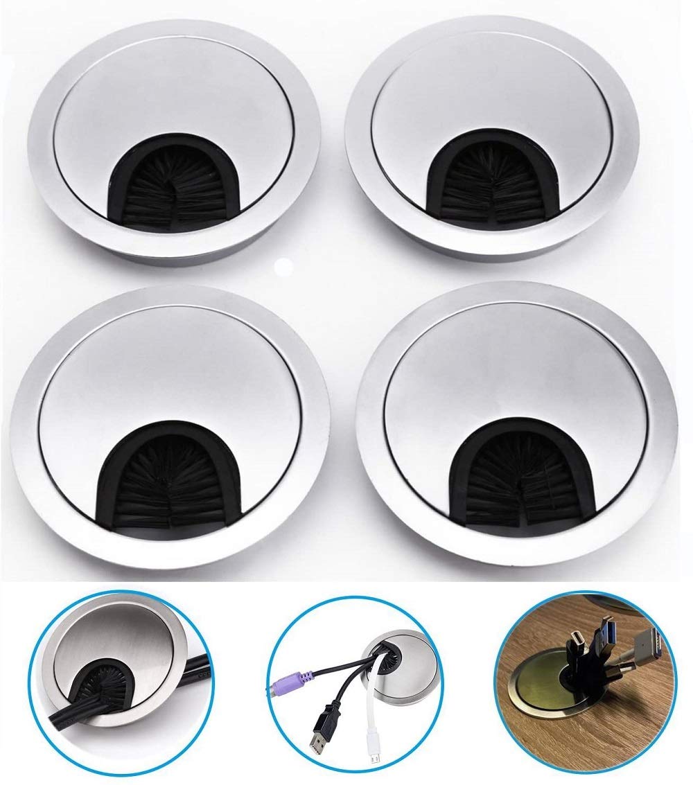 4 PCS Table Grommet 60mm Cord Desk Computer Cable Caps Desk Tide Wire Hole Cover Wire Organizer for Management of Office & Computer Desk Wires(Sandblasted Silver)