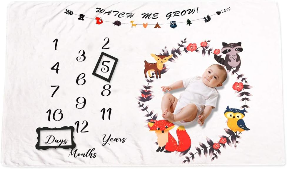 Baby Monthly Blanket Woodland Animals Newborn Monthly Milestone Blanket Milestone Blanket Baby Photo Blanket Shower Gifts for Boys or Girls