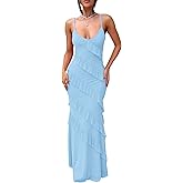 HOCILLE Women's Sexy V Neck Backless Bodycon Spaghetti Strap Elegant Ruffle Maxi Cocktail Party Dresses
