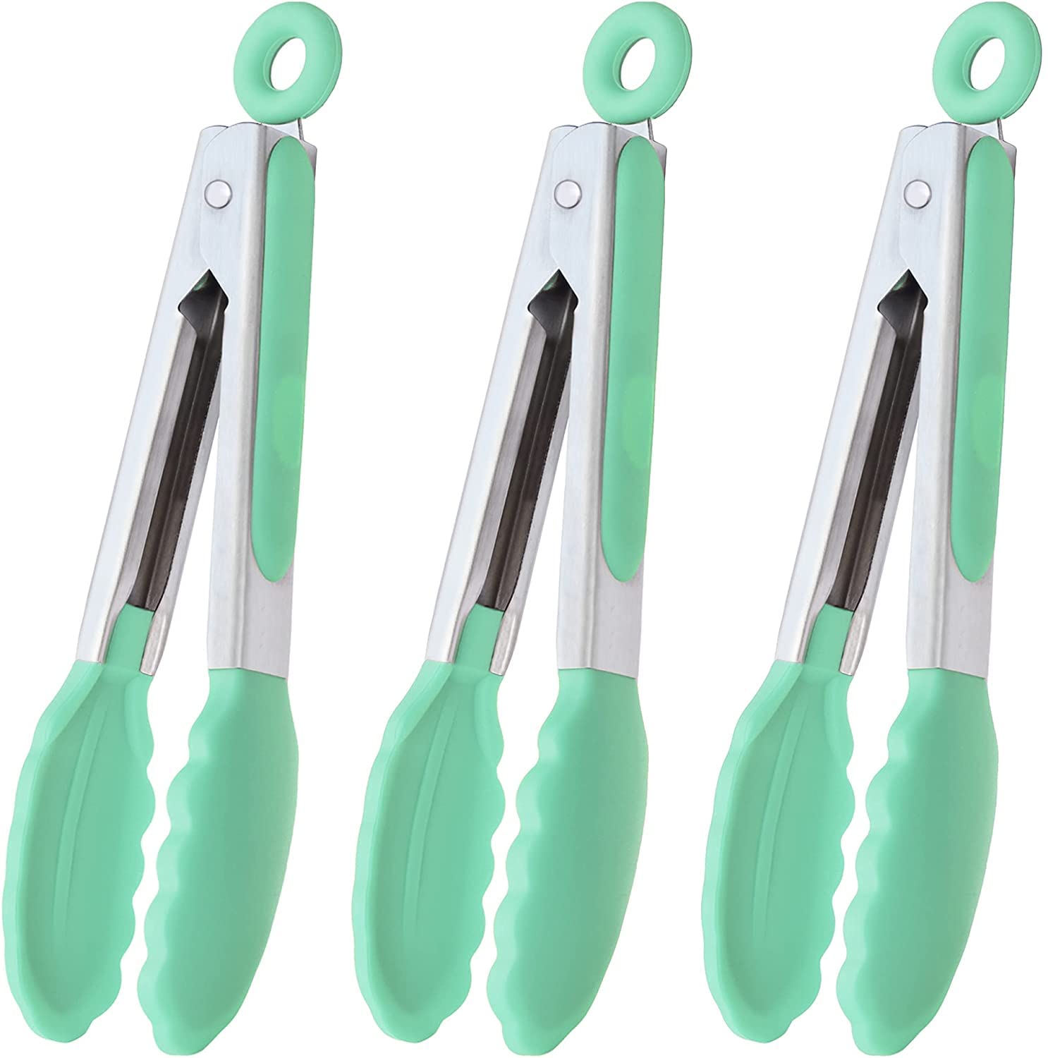HINMAY Small Tongs with Silicone Tips 7 Inches Silicone Kitchen Cooking Tongs, Set of 3 (Mint)