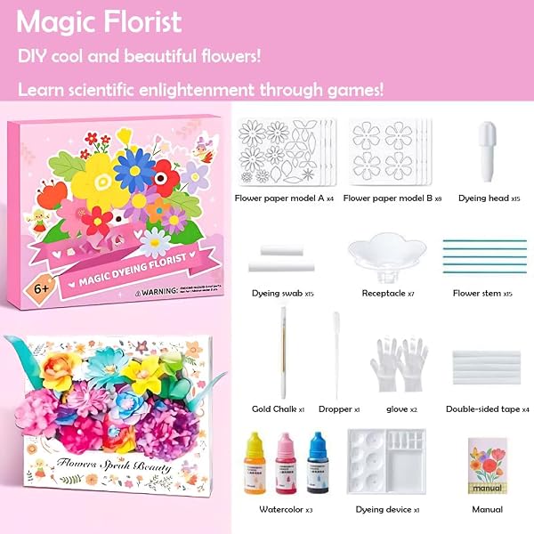 TEHZYORA PAPER FLOWER SCIENCE KITS & CRAFTS FOR GIRLS AGES 8–12 – DIY COLOR-WICKING BLOOMING FLOWERS WITH PRIMARY DYES, STEM ART PROJECT, BOUQUET BOX INCLUDED (PINK)