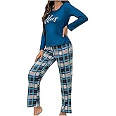 SweatyRocks Women's Long Sleeve Pajama Sets Crew Neck Graphic Tee and Plaid Pants Sleepwear Lounge Set Multicolor Medium