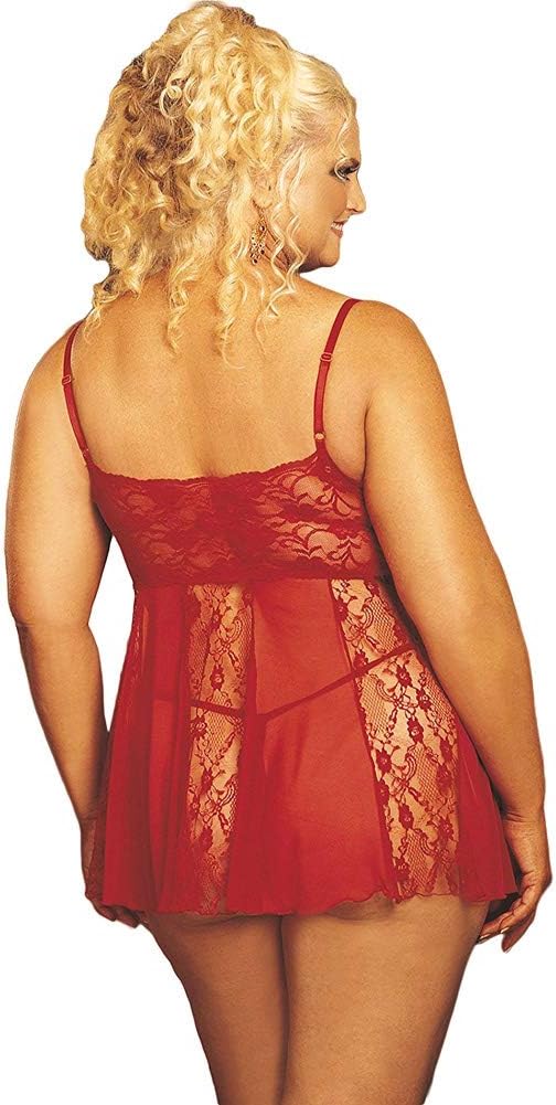 Stretch Lace, Sheer Net, & Lace Panels Babydoll - Queen Size - Red