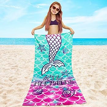 Softerry Mermaid Princess Beach Towel 30 x 60 inch Velour 100% Cotton, Pink and Green