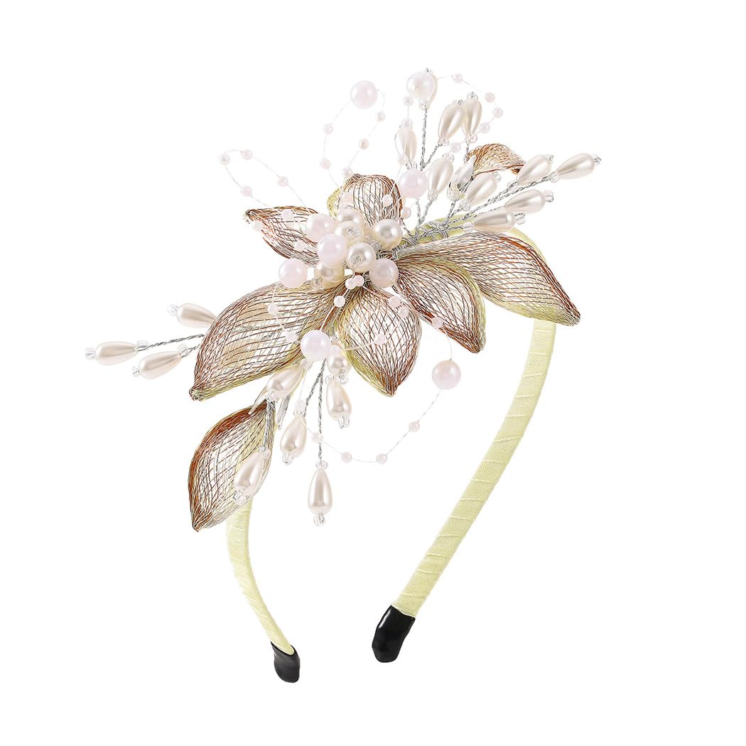 IYOU Bridal Wedding Headband Gold Flower Hair Bands Copper Wire Pearl Headpiece Bridesmaid Bride Hair Accessories for Women