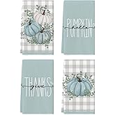 Artoid Mode Blue Eucalyptus Leaves Hello Pumpkin Fall Kitchen Towels Dish Towels, 18x26 Inch Farmhouse Give Thanks Decoration Hand Towels Set of 4
