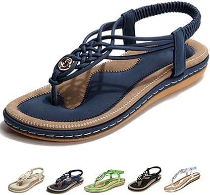 Camfosy Damen Flach Sommer Sandalen Frauen Strand Elastischen Gemutlich Webmuster Schuhe Knochelriemchen Freizeit Urlaub Rutschfest Sommerschuhe Schwarz Blau Beige Amazon De Schuhe Handtaschen