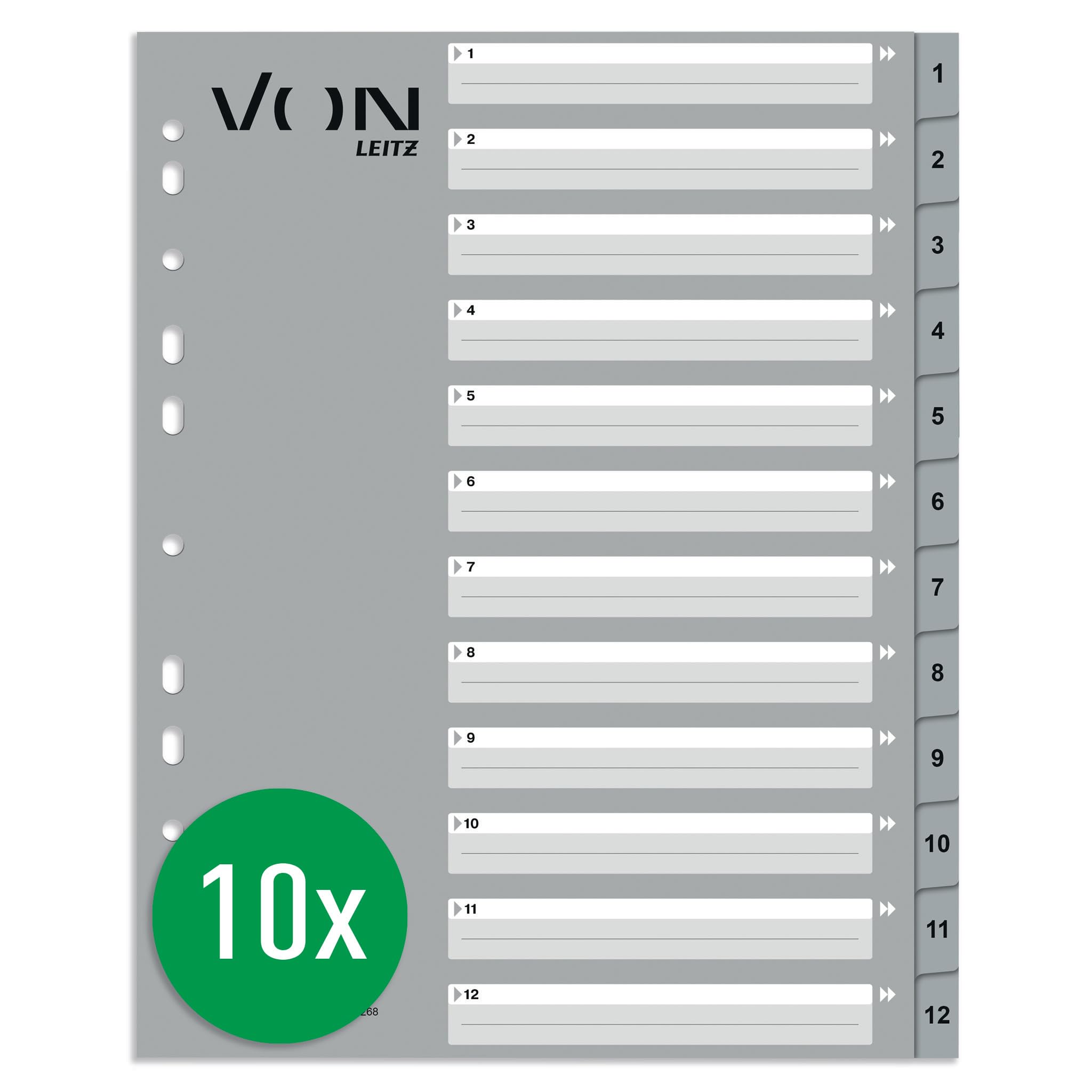 VON Leitz Pack of 10 A4 Number Indexes, 1-12 Numbered Dividers for Folders, Polypropylene, Extra Wide, 11-Hole Universal Index for Loose Leaf Folders and Ring Binders, Grey, 12680085