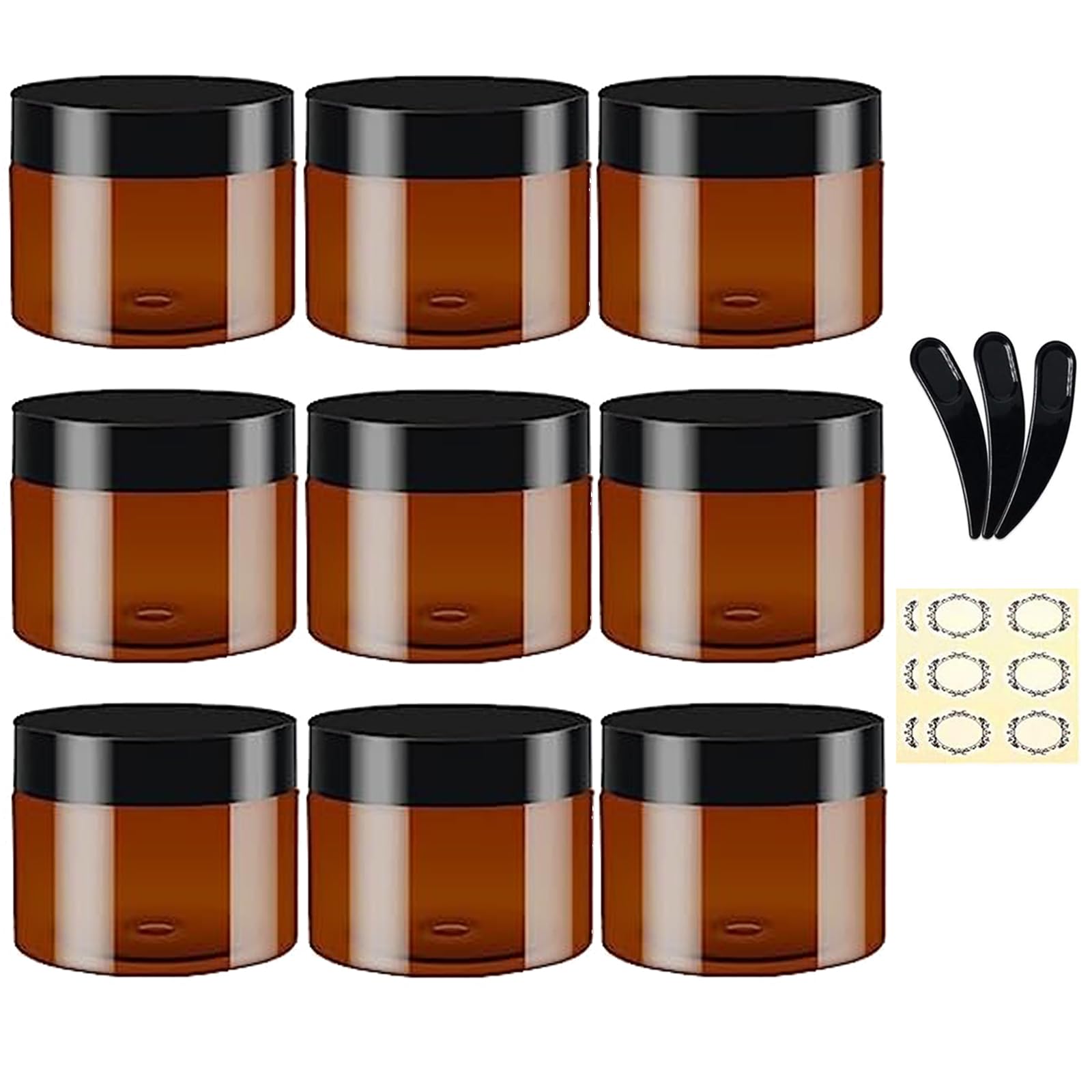 Apstaqeoo 9Pcs Round Cosmetic Containers - 60ML Empty Amber Plastic Jars With Black Lids, 3 Spatula & 12 Labels - Refillable Travel Jars for Lotion, Ointments, Creams, Gel Storage