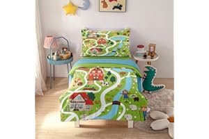 CKOU CCOO 4 Pieces Toddler Bedding Set Cartoon Farmhouse Comforter Set, Farm Animal Toddler Comforter Set for Boys Girls, Toddler Quilt Kids Toddler Bed Set Includes Comforter, Sheets and Pillowcase