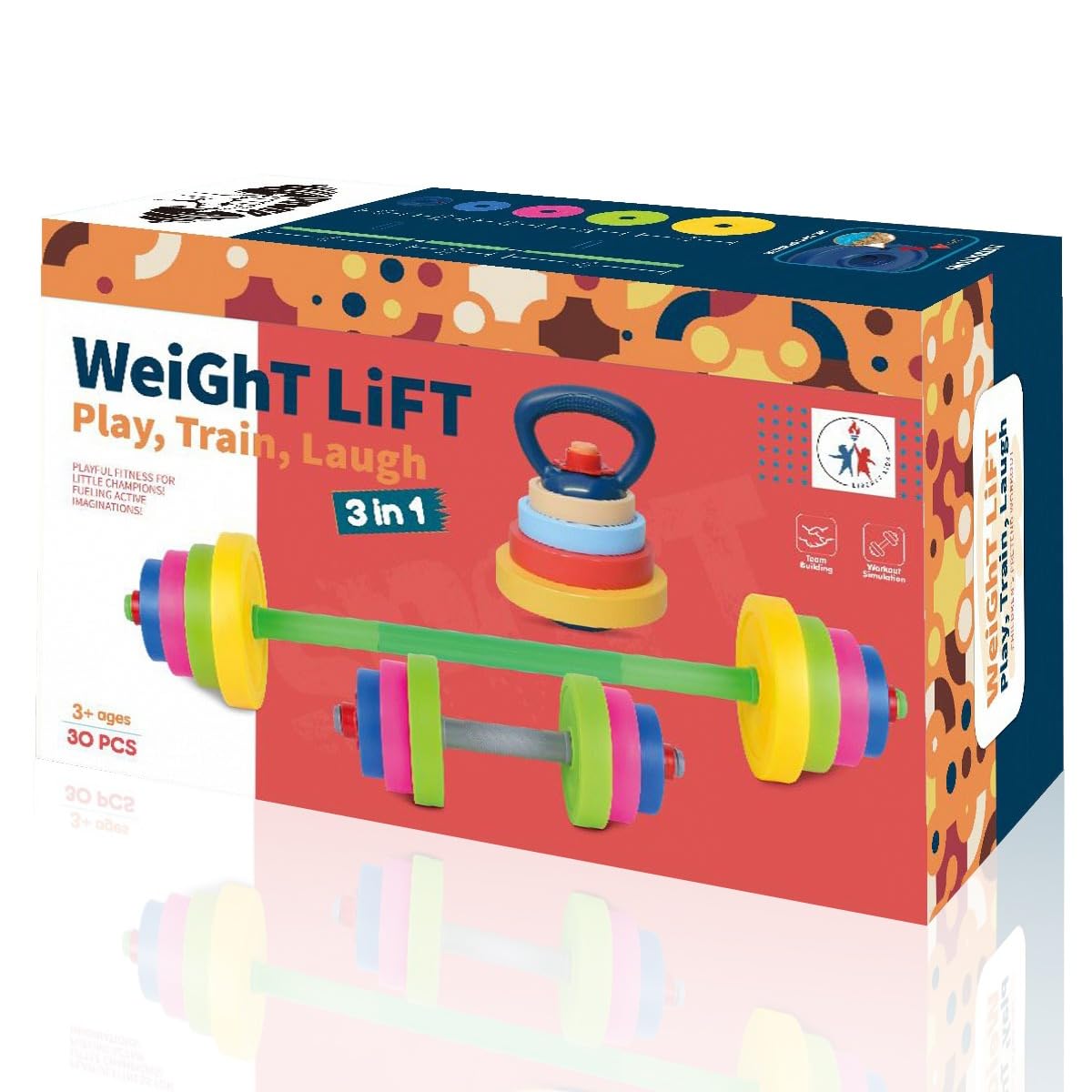 Kids Exercise Weight Set - 3-in-1 Adjustable Workout Toy Equipment for Children Pretend Play Exercise - Toddler Beginner Gym, Fitness, Weightlifting and Powerlifting (Dumbbell, Barbell, Kettlebell)