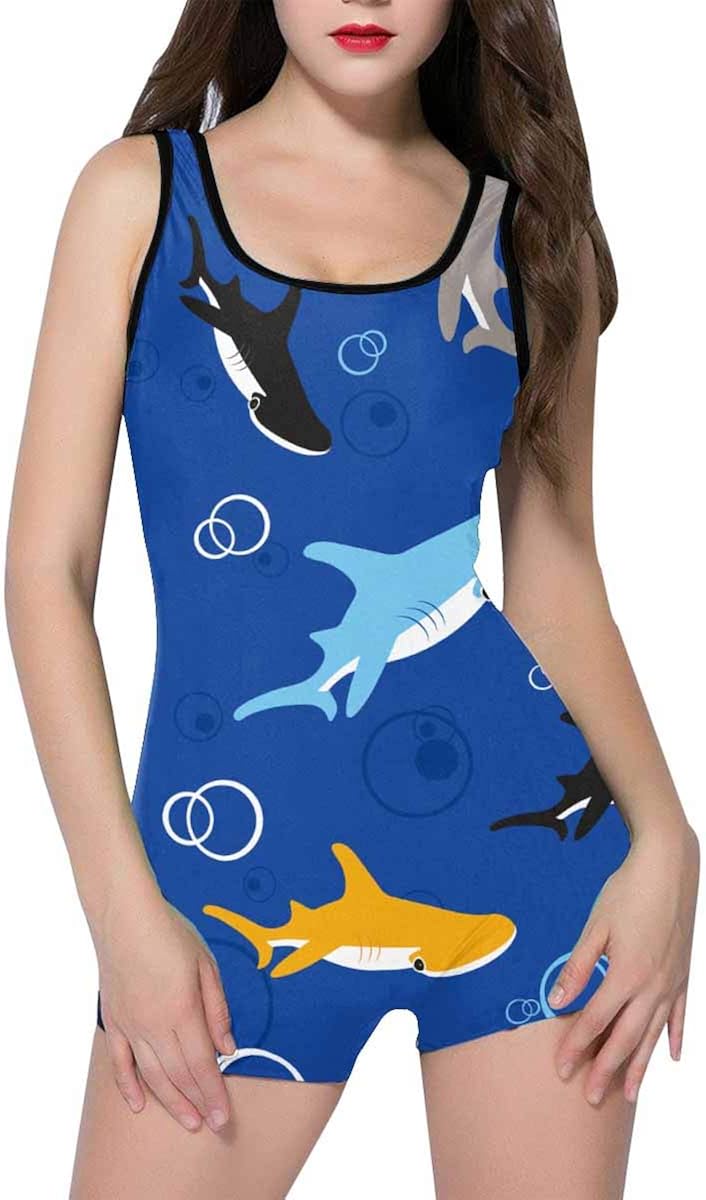 INTERESTPRINT Women's Bathing Suit Tank Top Boyleg One Piece Swimsuit Multicolored Sharks Hammered on Blue