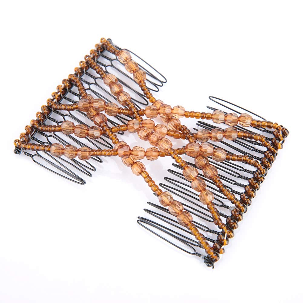 Magic Hair Comb Slides, Stretchy Pearls Double Comb for Women Girls Tie Hair, Hair Styling Accessories Double Clips for Thick or Thin Hair(Coffee)