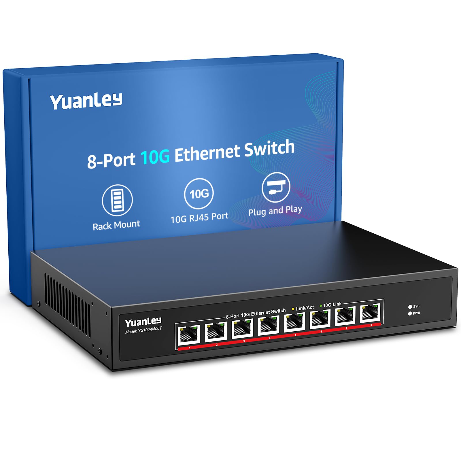 Photo 1 of YuanLey 8-Port 10G Ethernet Switch, 8 x 10Gbps RJ45 Ports, Support 10G/5G/2.5G/1G/100Mbps Speed Auto-Negotiation, 160Gbps Switching Capacity, Unmanaged Switch Rackmountable, Plug and Play