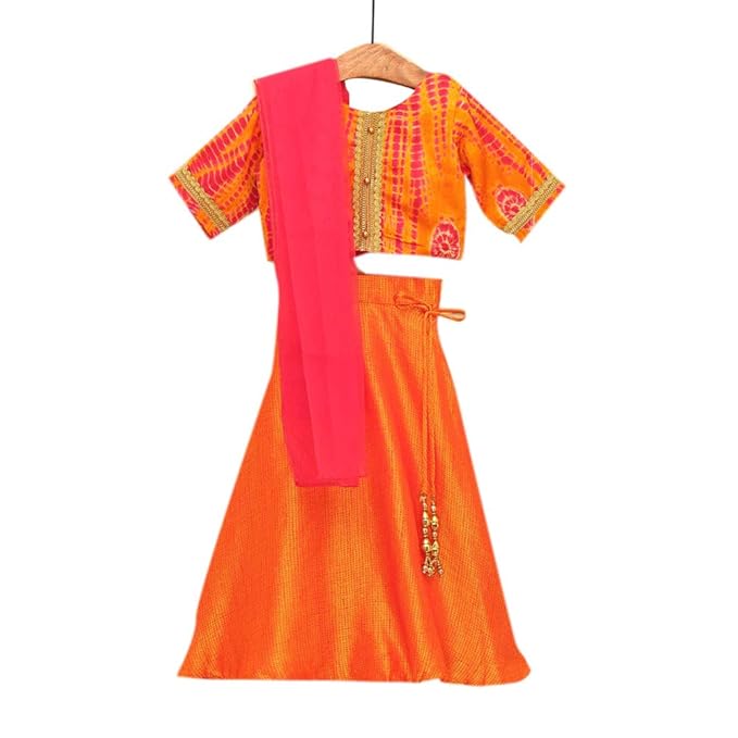 Bubble Gum by Hopscotch Girls Cotton Batik Blouse With Lehenga And Dupatta Set in Pink Color