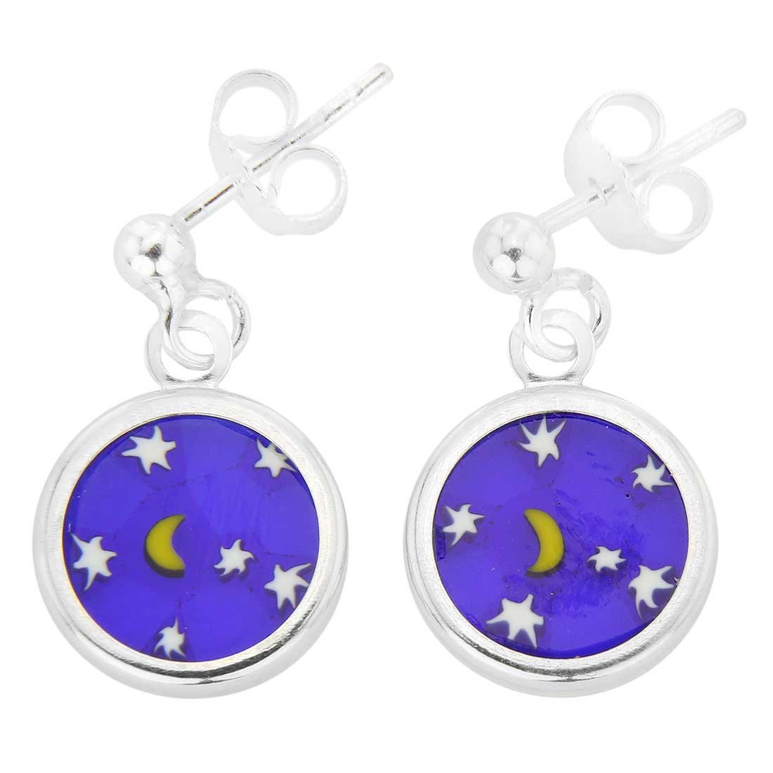 Glass Of Venice Murano Glass Silver-Framed Millefiori Earrings "Moon and Stars"