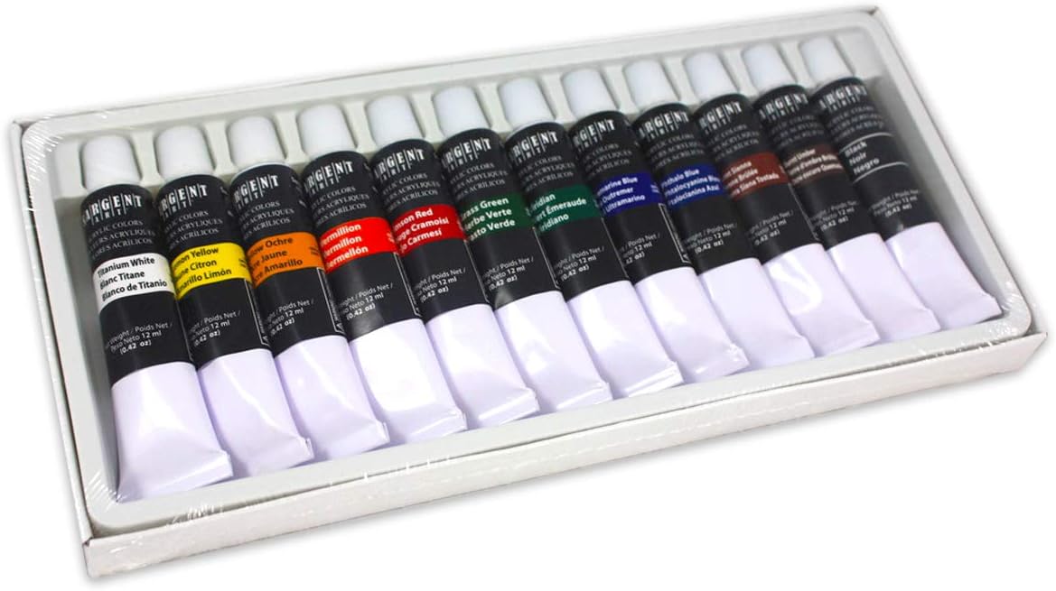 Sargent Art 23-0501, Acrylic Tube Paint, 12ml, 12 Colors, Use with Canvas, Wood, Craft Projects, Perfect for Beginning Artists to Students and Professionals
