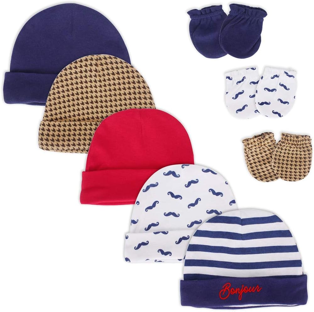 LACOFIA Newborn Baby Beanie Hats and Anti Scratch Mittens Set Infant 100% Cotton Caps and Gloves Newborn Boys Hats 0-6 Months