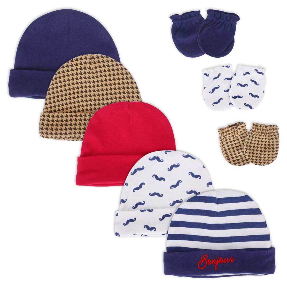 LACOFIA Newborn Baby Beanie Hats and Anti Scratch Mittens Set Infant 100% Cotton Caps and Gloves Newborn Boys Hats 0-6 Months