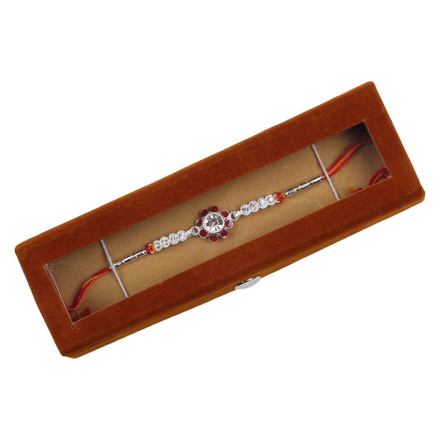 jewel fuel silver rakhi with velvet gift box for men/boys