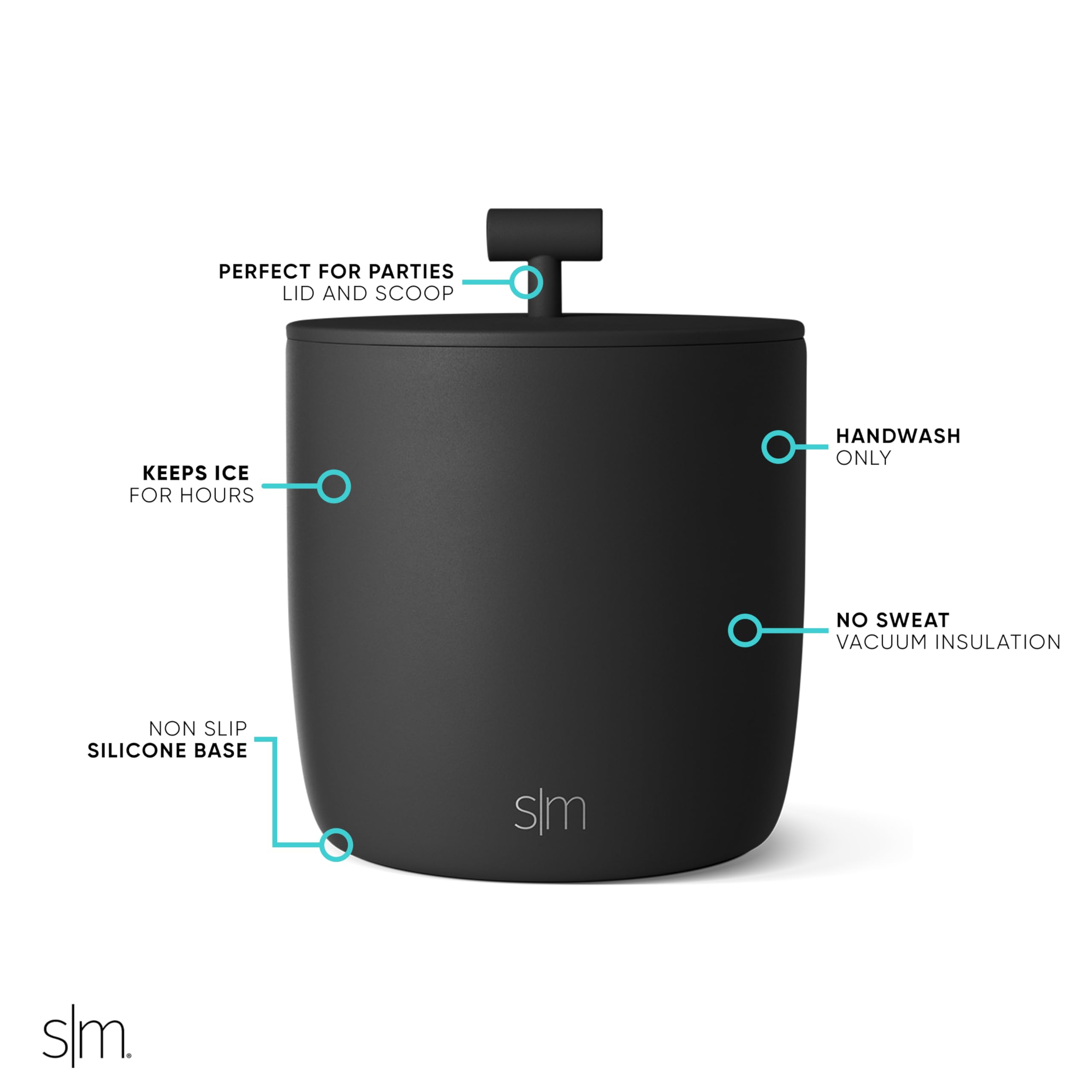 Simple Modern Vacuum Insulated Ice Bucket with Lid and Scoop | for Cocktail, Champagne, Wine, Beer, & Hosting | Stainless Steel 100oz Capacity for Large Parties | Rocks Collection | Midnight Black