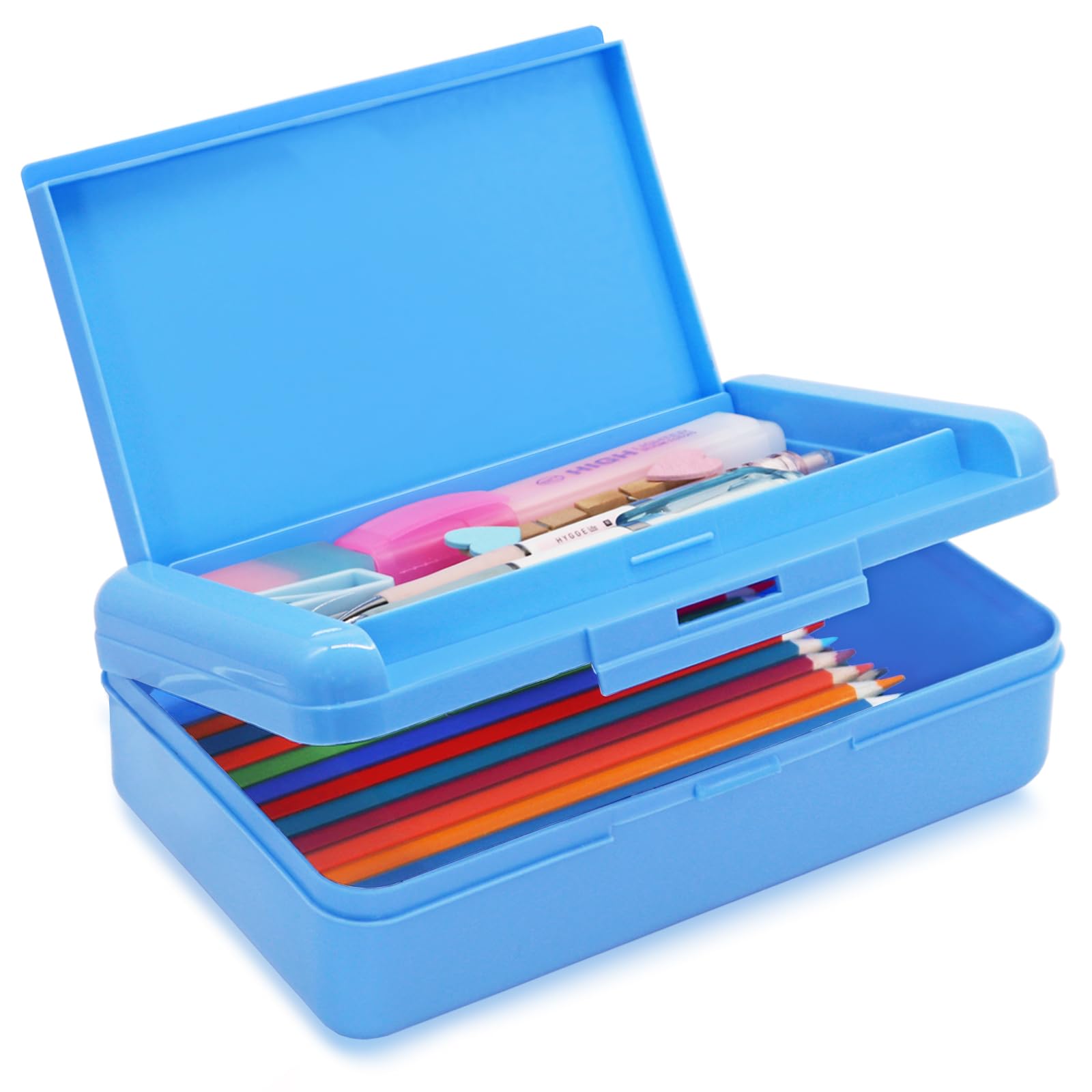 Photo 1 of Nuozme Double Layer Pencil Box, Hard Pencil case 2 Compartments, Plastic Large Capacity Pencil Case with Snap-tight Lid, Hard Storage Organizer Box for Girl Boy, Medium-sized
