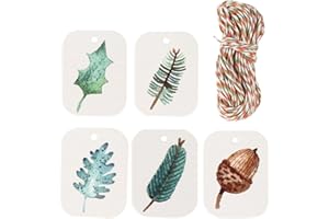 ZUNOXAZ 250pcs Vintage Kraft Paper Hang Tags with Twine String, Leaf and Pine Cone Printed Labels for DIY