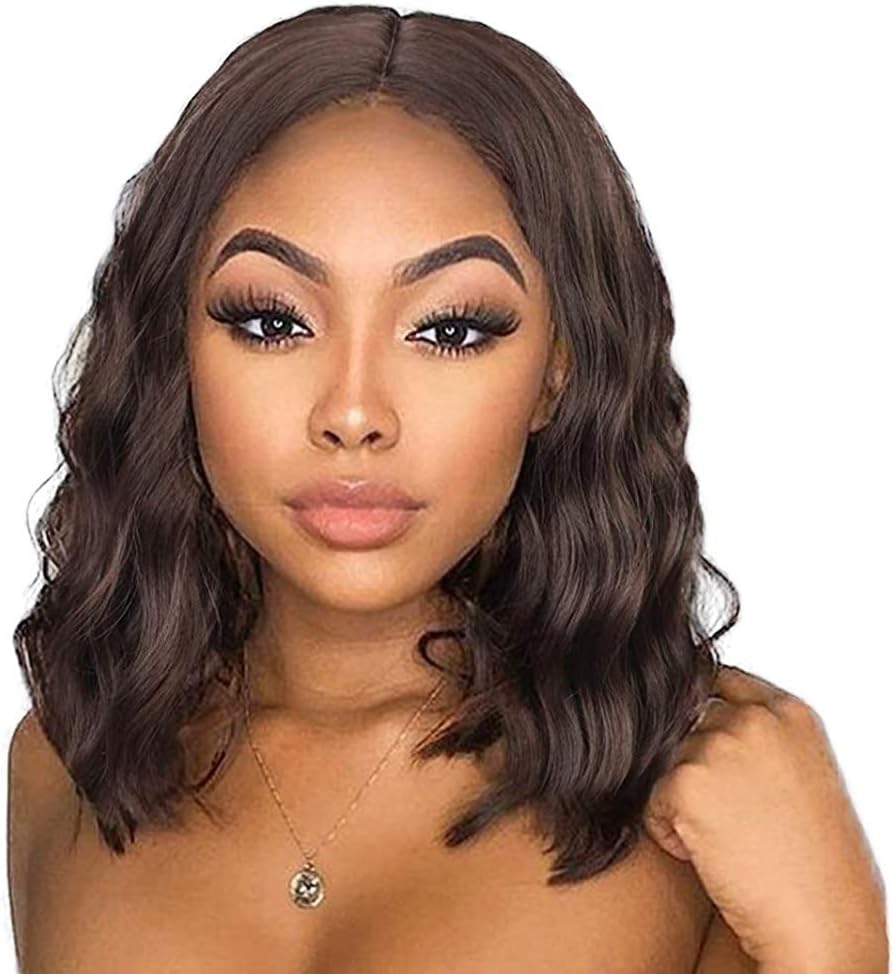 PORSMEER Small Lace Natural Brown Hair Wigs for Women Wavy Synthetic Bob Wig Shoulder Length Middle Parting Wig Natural Looking Wigs for Daily Party Use 14”