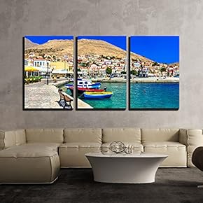 3 Piece Canvas Wall Art - Traditional Islands of Greece - Colorful Chalki, Dodecanese - Modern Home Art Stretched and Framed Ready to Hang - 16"x24"x3 Panels