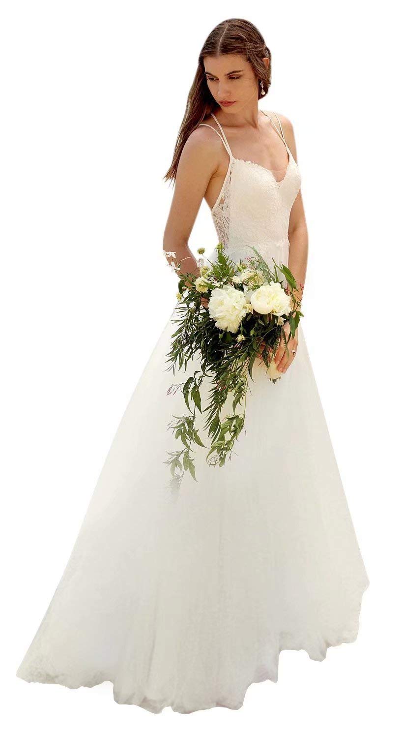 Vinbridal 2019 Lace V Neck Straps Tulle Long Beach Wedding Dresses Bridal Gowns White 8