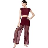 ODASDO Women Two Piece Lyrical Dance Costumes Criss Cross Crop Tops + Mesh Tulle Wide Leg Pants Modern Contemporary Dancewear