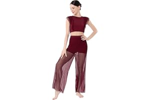 ODASDO Women Two Piece Lyrical Dance Costumes Criss Cross Crop Tops + Mesh Tulle Wide Leg Pants Modern Contemporary Dancewear