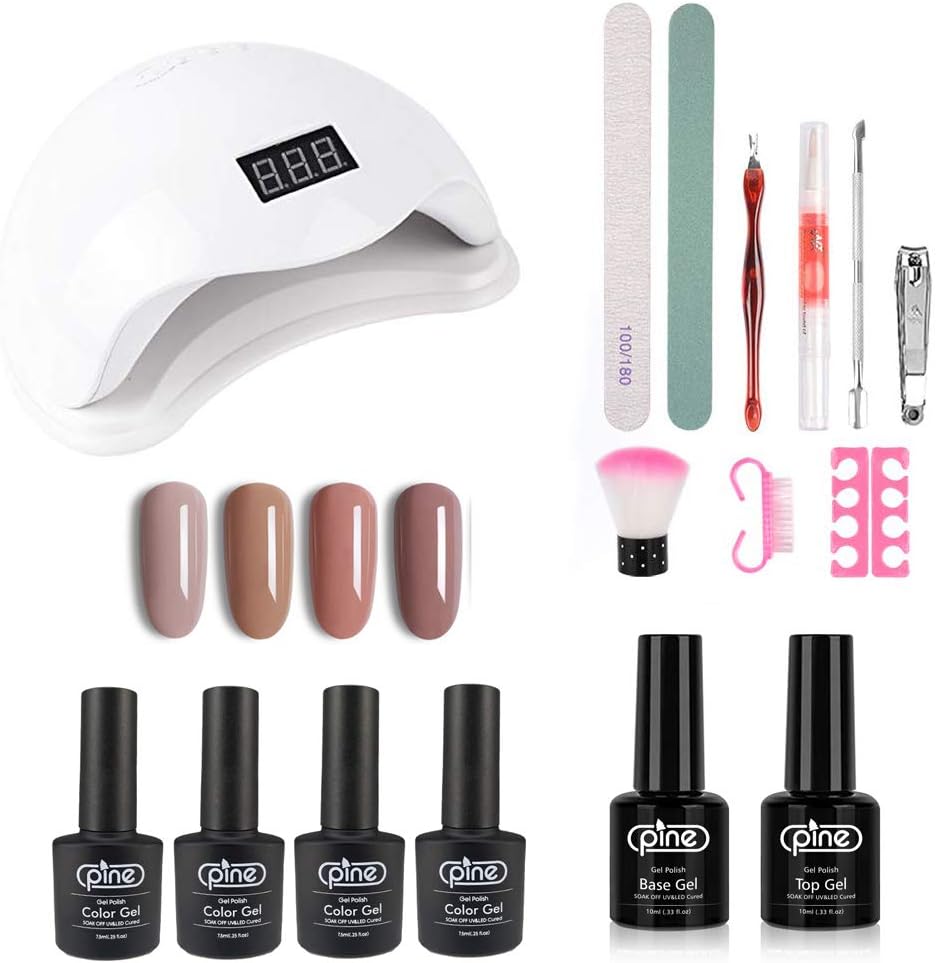 Pine Gel Nail Polish Starter Kit with 48W UV/LED Light Nail Lamp Soak Off Base Gel Shiny Matte Top Coat 4 Nude Colors Manicure Tools for Nail Art Design