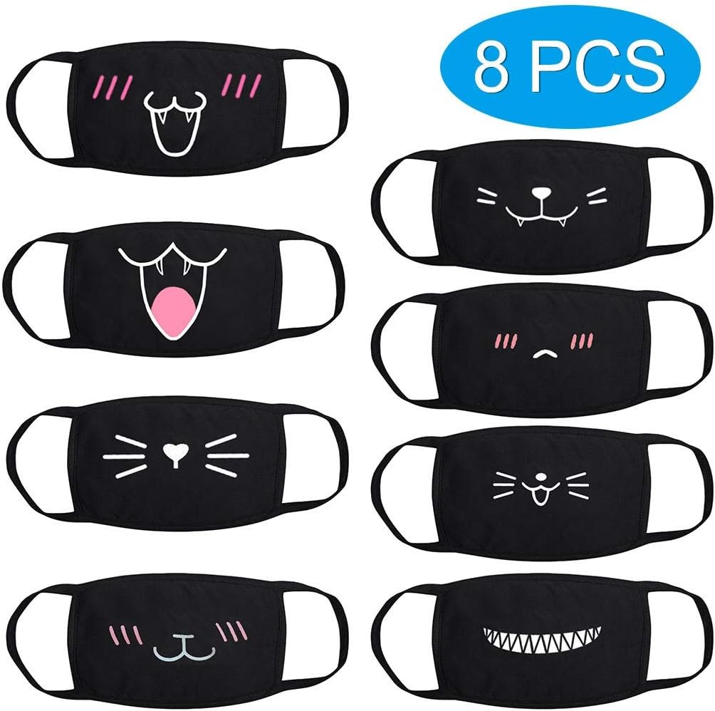 Dina 8PCS Cute Print Black Mouth Anti Dust Face Covers Printed Facial Decorations Cotton Cover Anti-Pollution Breathing Covers