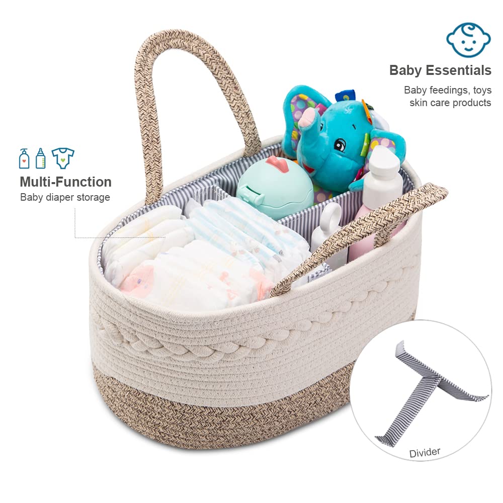 Baby Diaper Caddy Organizer, Portable Nursery Storage Basket with Changeable Compartments, 100% Cotton Woven Rope Baskets, Car & Changing Table Tote, Newborn Gift