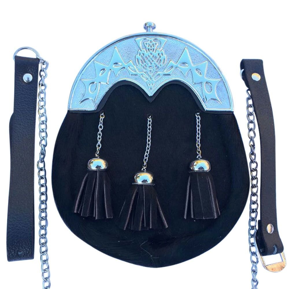 Mens Scottish Kilt Sporran Black Bovine Thistle Cantle/Leather Kilt Sporran