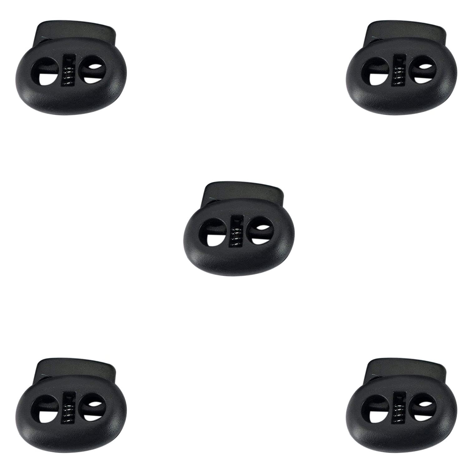 Trimming Shop Plastic Toggle Stopper Cord Locks Spring Loaded Elastic Drawstring Bean Shape Twin Hole Button for DIY Projects, Sportswear, Luggage, Shoelaces, Backpack, Clothing, Black, 5pcs