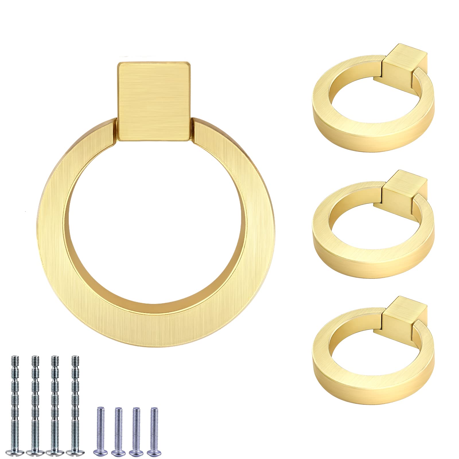 IAFVKAI 4 Pack Cabinet Knobs Zinc Alloy Drawer Pull Ring Brushed Brass Round Cabinet Kitchen Handle Gold Door Knob for Kitchen Cupboard, Bedroom Dresser, Bathroom — image 1
