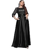 MIMIFINA Women's Plus Size Sequin Embellished with Satin A-line Hem 3/4 Sleeves Formal Evening Gown Maxi Long Dress